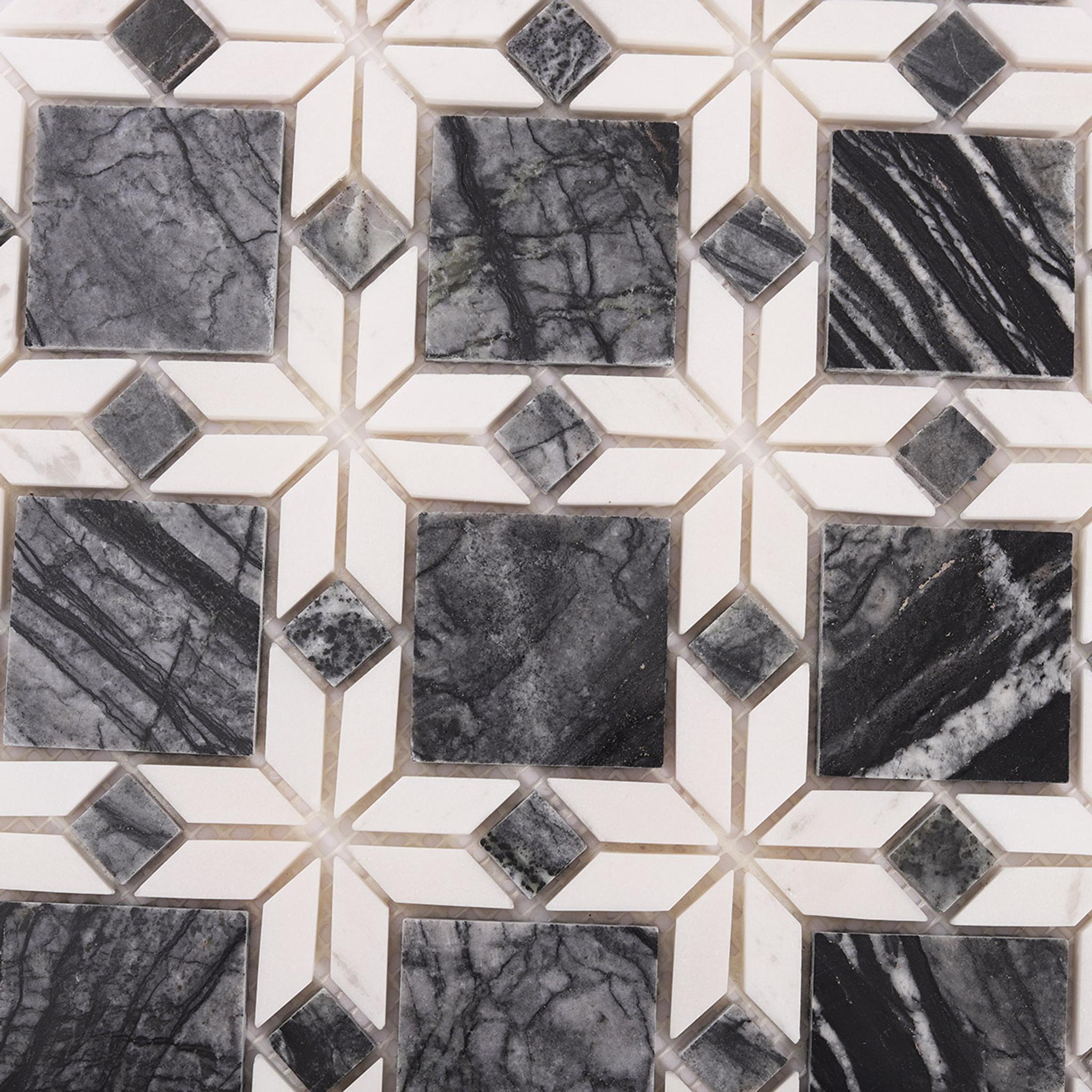 Floral Pattern Gray and White Marble Mosaic Tiles — mosaic hoa văn waterjet bằng đá marble trắng & xám