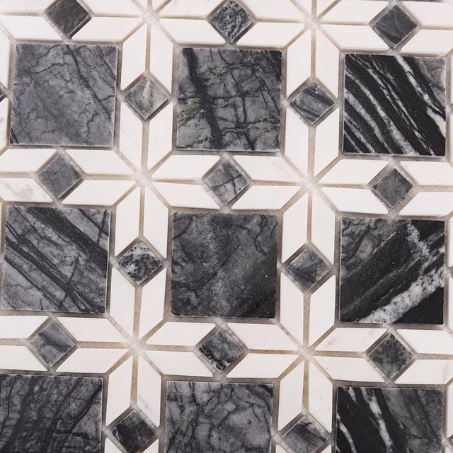 Floral Pattern Gray and White Marble Mosaic Tiles — mosaic hoa văn waterjet bằng đá marble trắng & xám