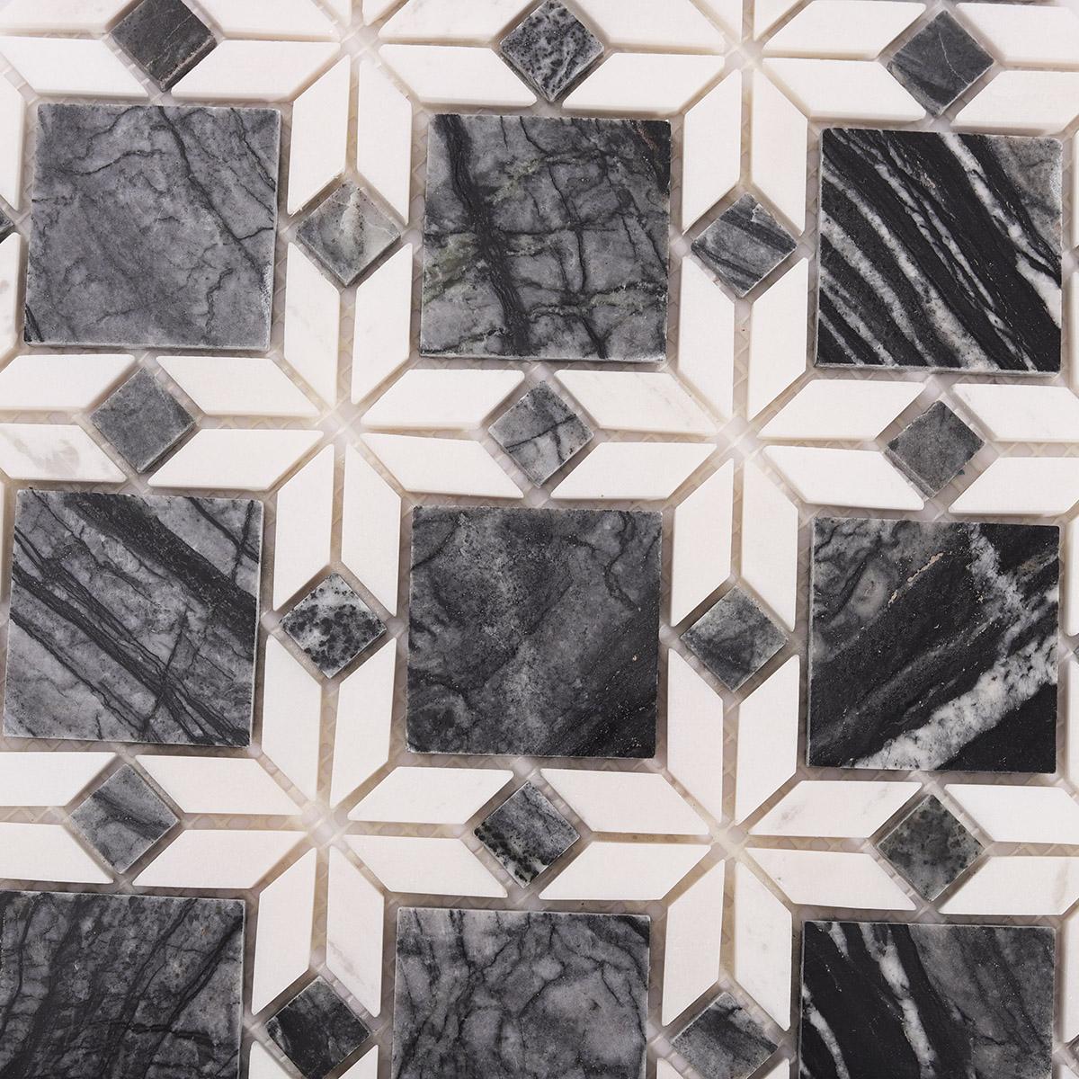 Floral Pattern Gray and White Marble Mosaic Tiles — mosaic hoa văn waterjet bằng đá marble trắng & xám