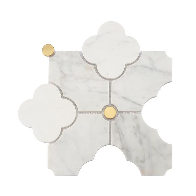 White Arabesque Marble Mosaic Tile with Brass Round Accents — Rochelle Rochelle Stone