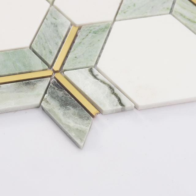 Green and White Hexagon Marble Mosaic Tile with Gold Metal Line — mosaic lục giác bằng đá marble trắng & xanh lục