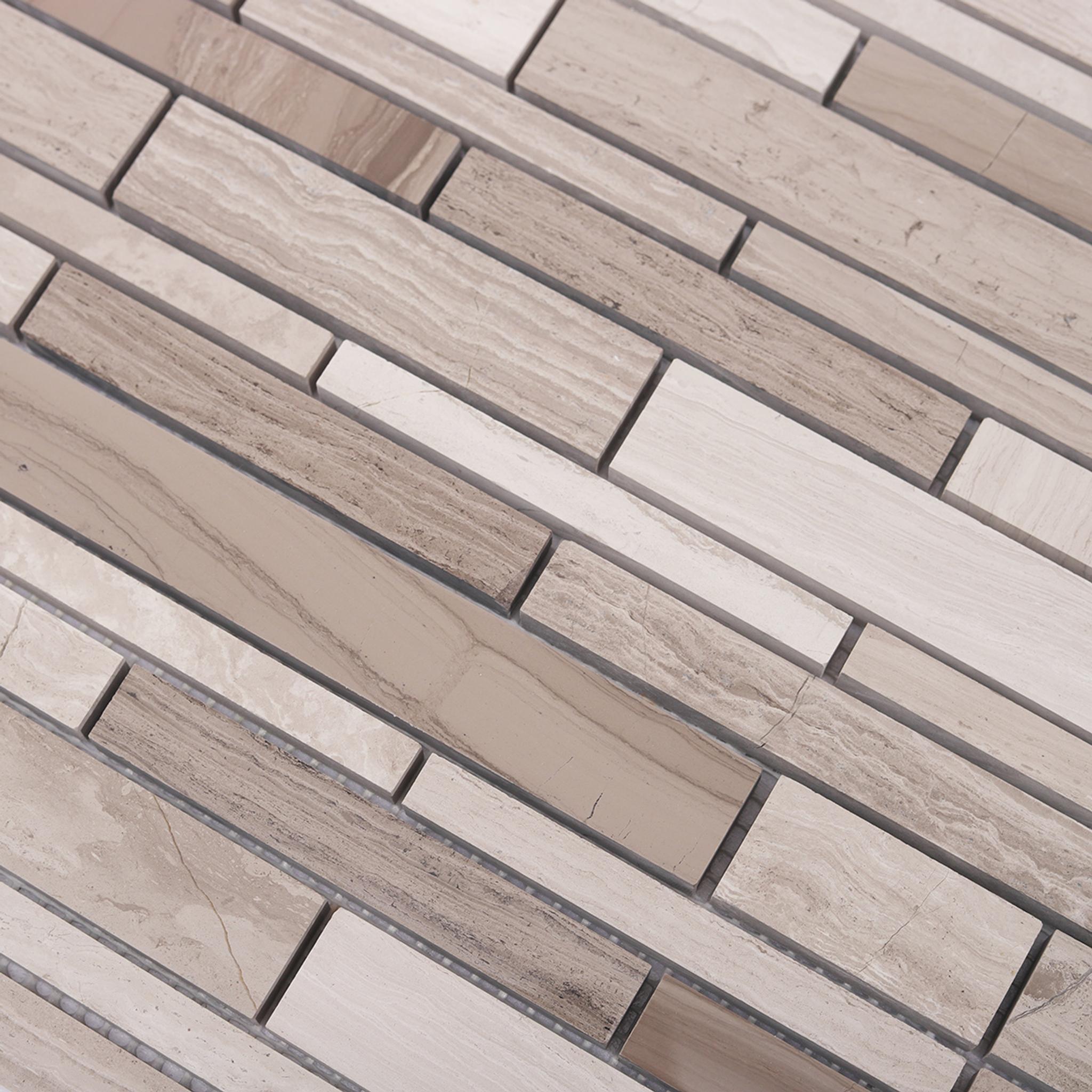 Wood Marble Linear Strips Subway Mosaic — mosaic thanh dài (linear) bằng đá marble vân gỗ