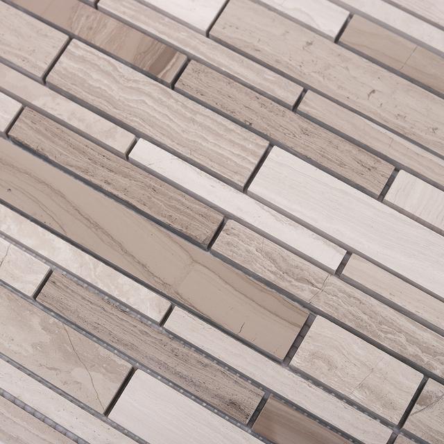Wood Marble Linear Strips Subway Mosaic — mosaic thanh dài (linear) bằng đá marble vân gỗ