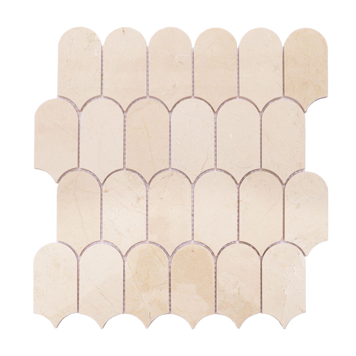 Beige Long Fish Scale Marble Tiles — mosaic vảy cá (fish scale) bằng đá marble beige