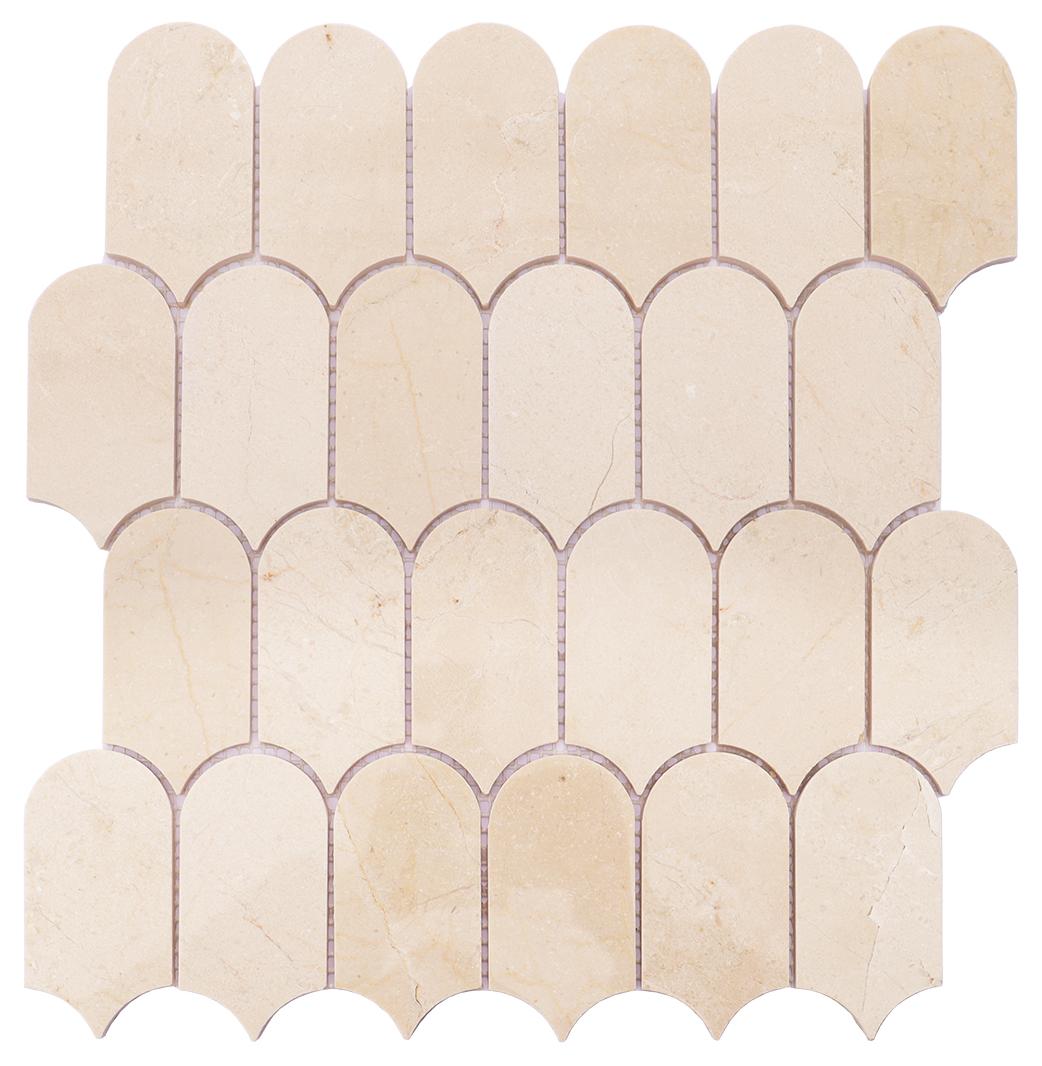 Beige Long Fish Scale Marble Tiles — mosaic vảy cá (fish scale) bằng đá marble beige
