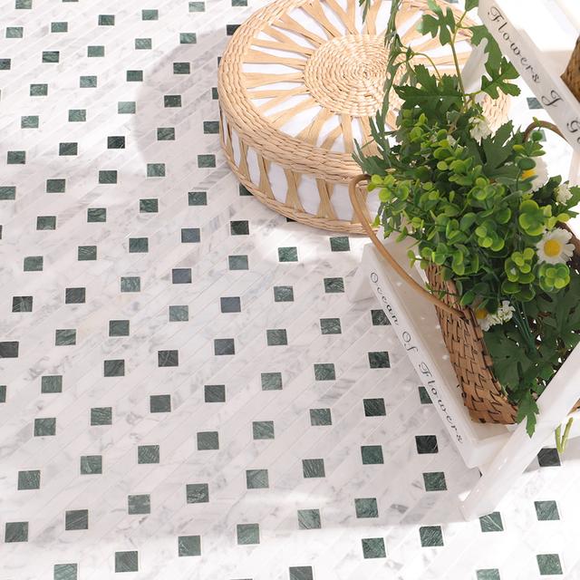 White and Green Marble Mosaic Floor Tile Geometric Pattern — mosaic ghép nghệ thuật bằng đá marble trắng & xanh lục