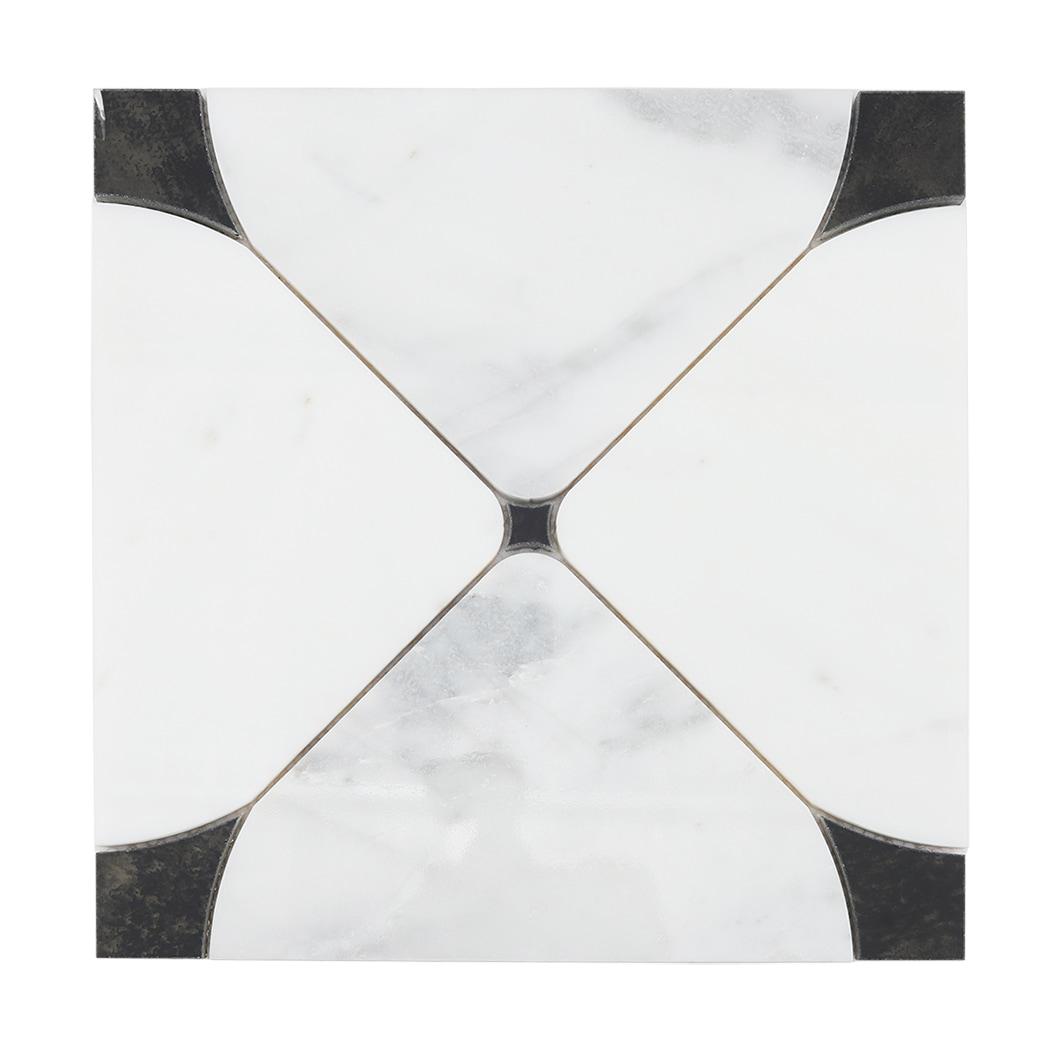 White Marble and Black Glass Waterjet Tile Square Wall Mosaic — mosaic hoa văn waterjet bằng đá marble đen & trắng