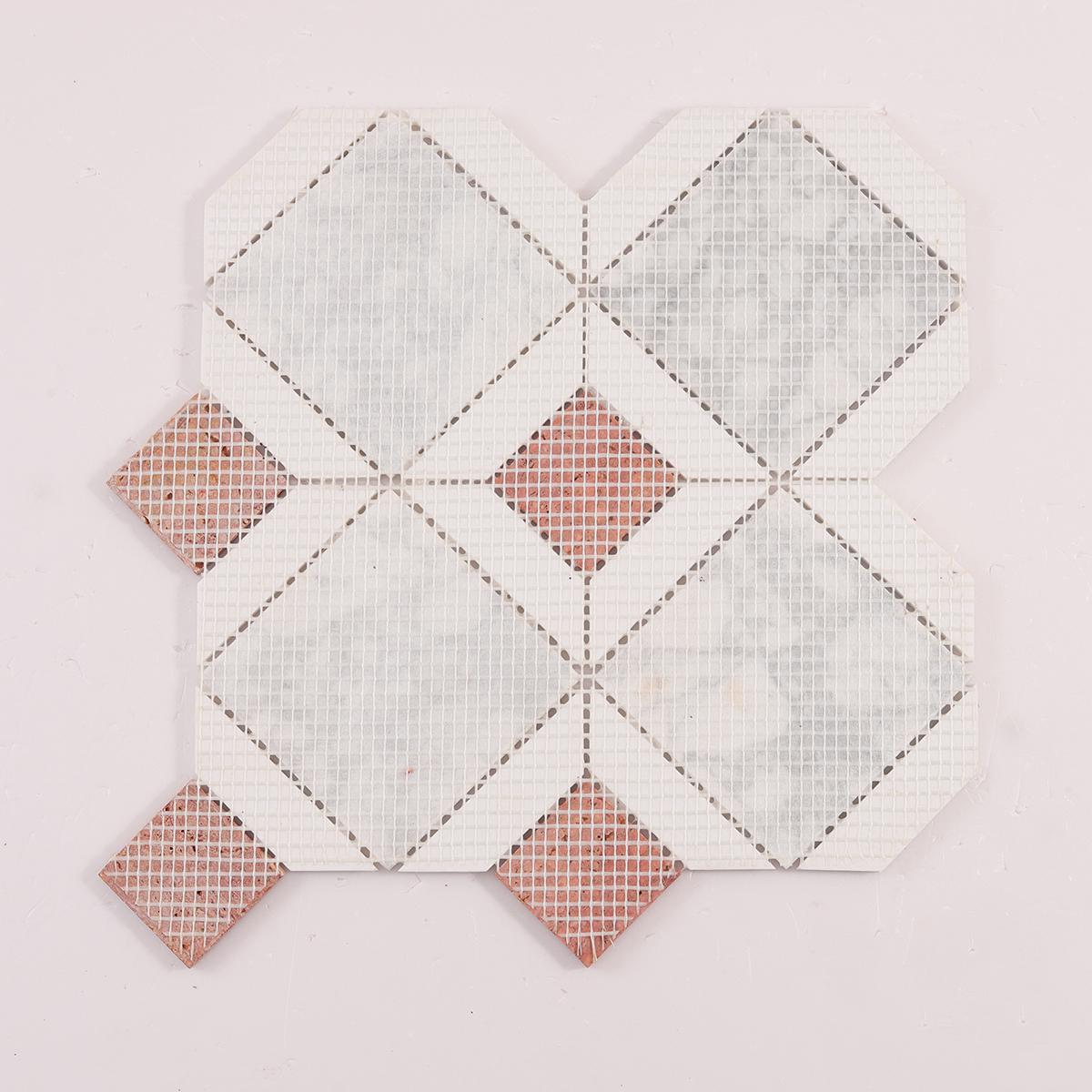 Octagon Carrara and Red Marble Mosaic Tiles — mosaic ghép nghệ thuật bằng đá marble trắng & đỏ