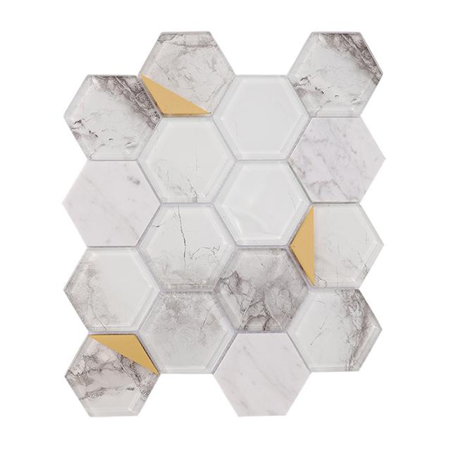 Hexagon White Marble and Glass Wall Tile with Gold Accent — Rochelle Rochelle Stone