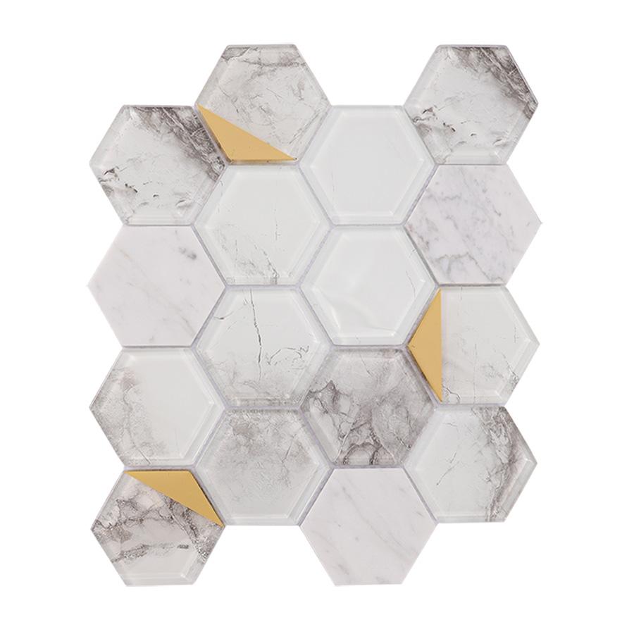 Hexagon Marble and Glass Wall Tile with Gold Accent — mosaic lục giác bằng đá marble vàng
