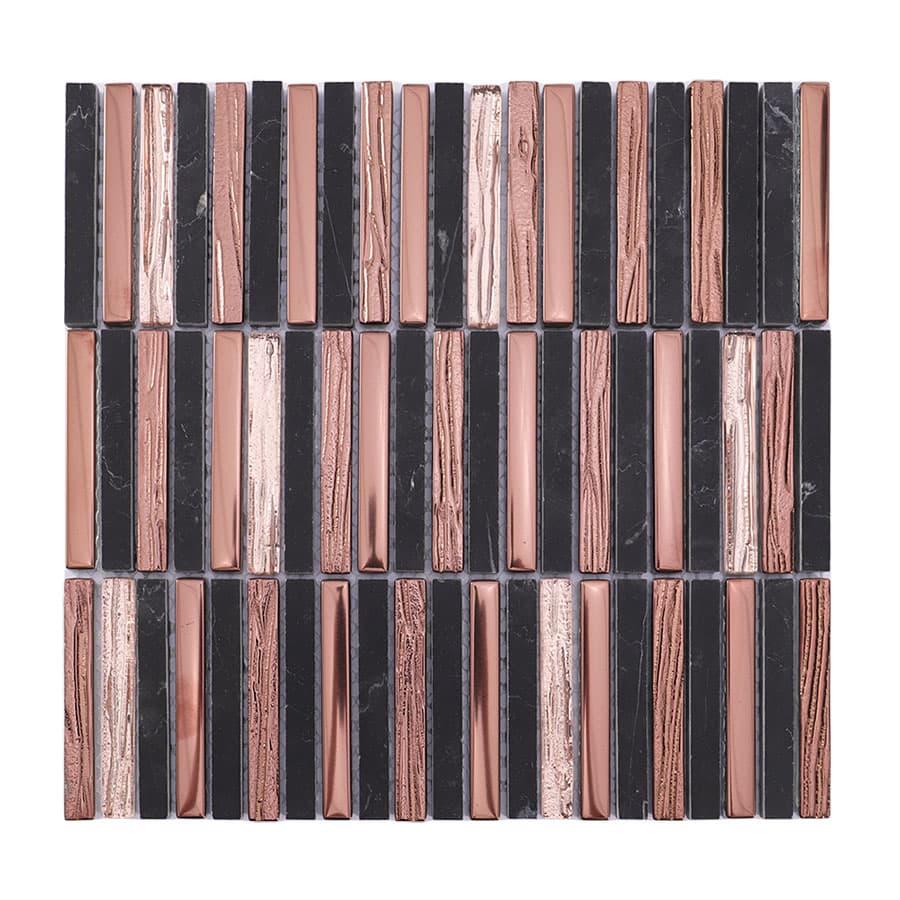 Rose Gold Glass and Black Marble Mosaic Strip Tile — mosaic thanh dài (linear) bằng đá marble đen & vàng