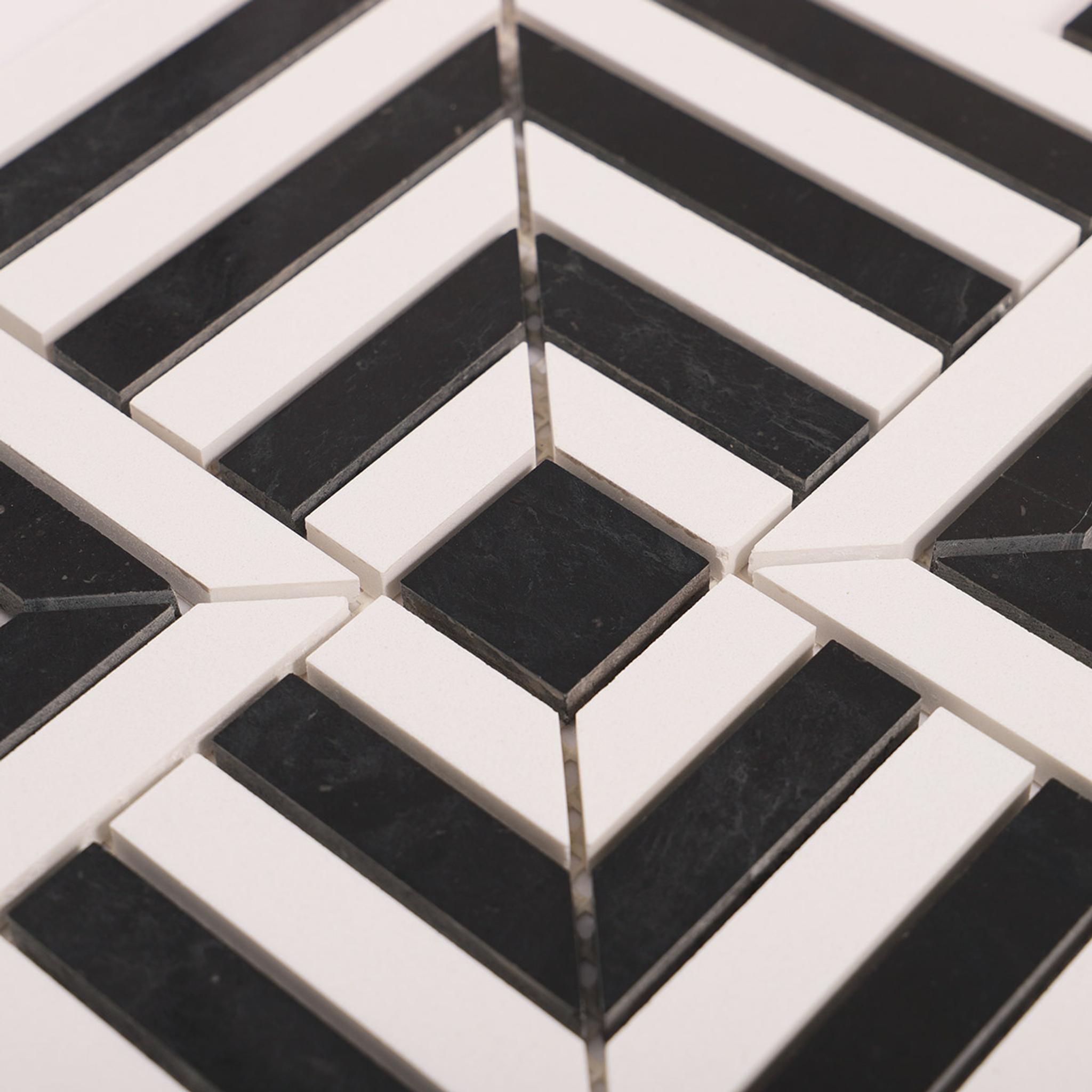 Black and White Geometric Tile  Handcut  Mosaic — mosaic ghép nghệ thuật bằng đá marble đen & trắng