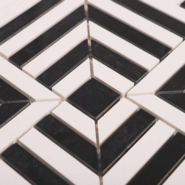 Black and White Geometric Tile  Handcut  Mosaic — mosaic ghép nghệ thuật bằng đá marble đen & trắng