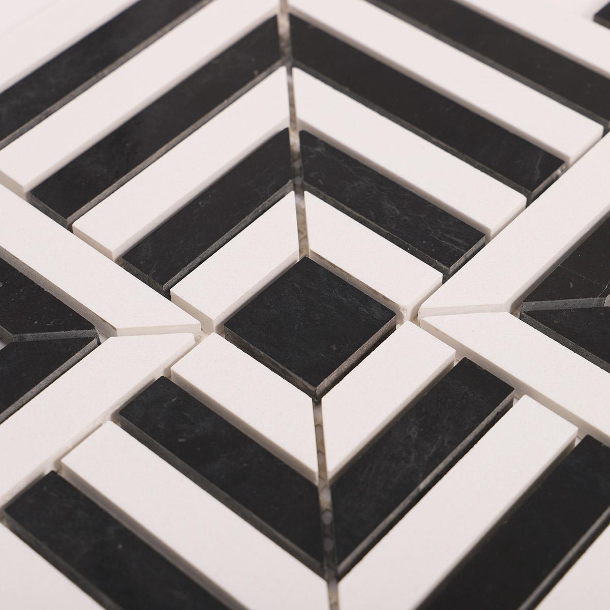 Black and White Geometric Tile Handcut Mosaic — mosaic ghép nghệ thuật bằng đá marble đen & trắng