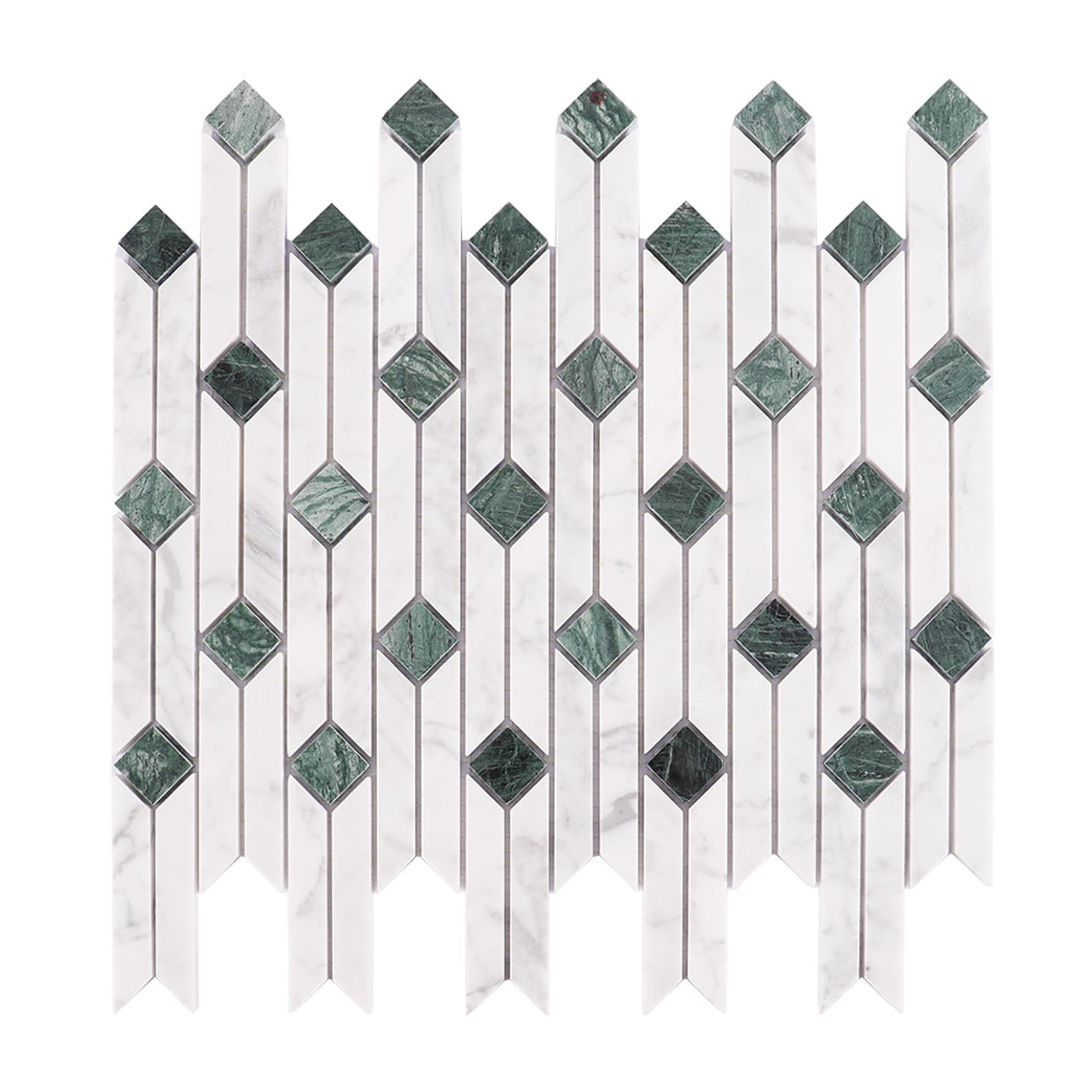 White and Green Marble Mosaic Floor Tile Geometric Pattern — mosaic ghép nghệ thuật bằng đá marble trắng & xanh lục