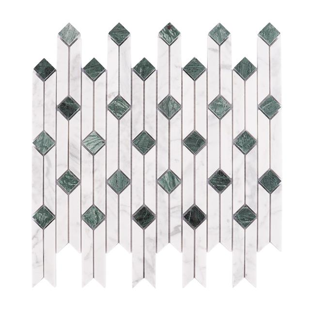 White and Green Marble Mosaic Floor Tile Geometric Pattern — mosaic ghép nghệ thuật bằng đá marble trắng & xanh lục