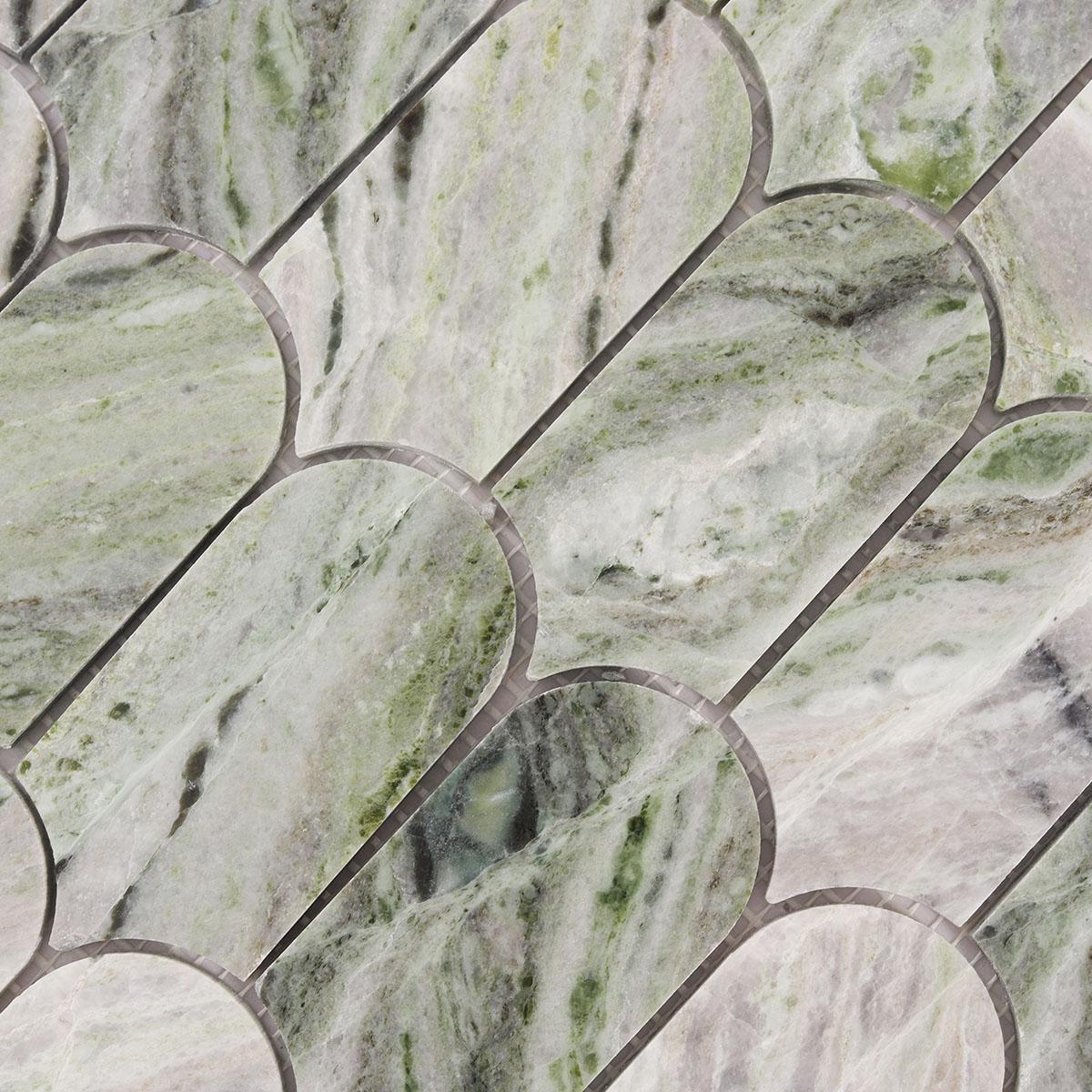 Envy Green Long Fish Scale Marble Mosaic Tiles — mosaic vảy cá (fish scale) bằng đá marble xanh lục