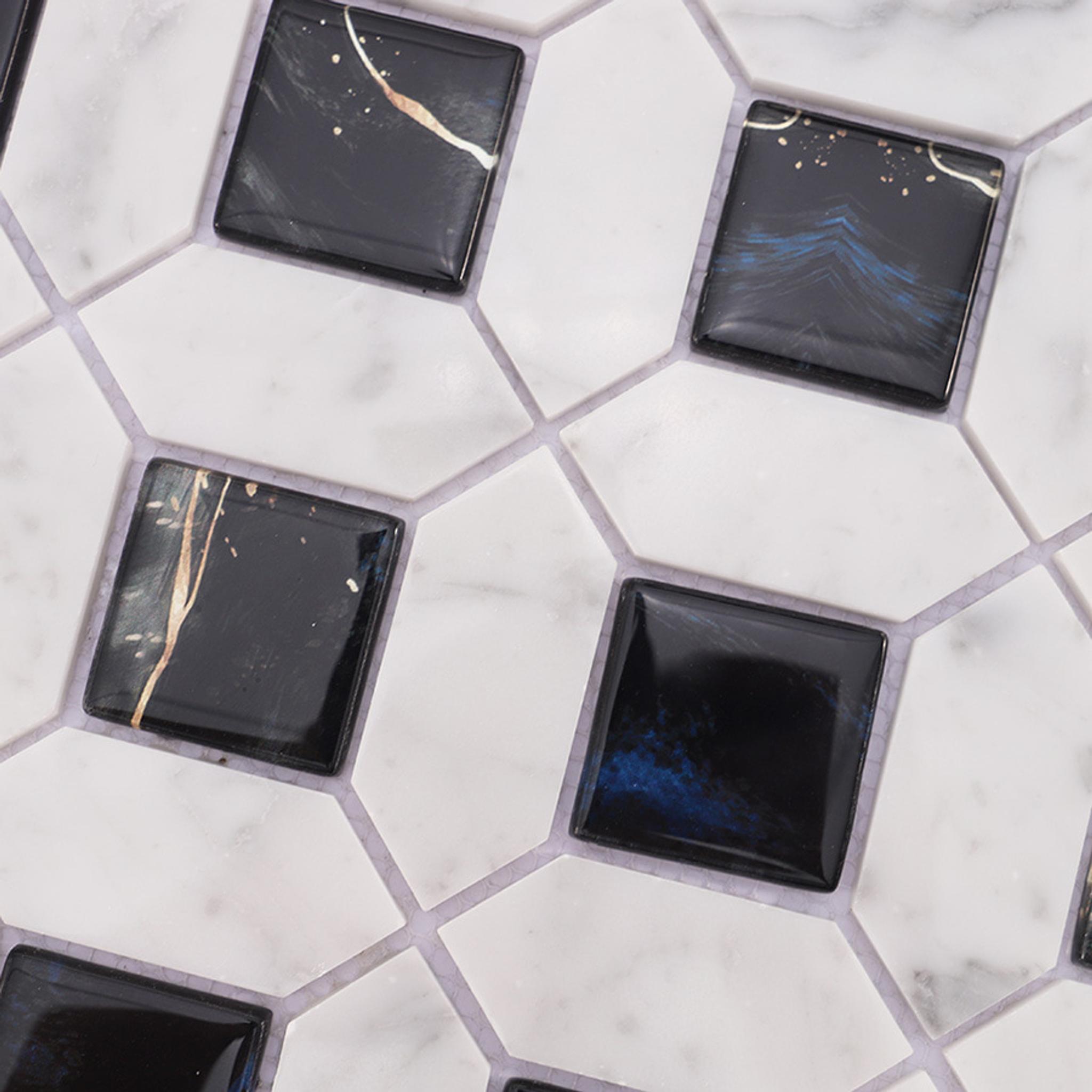 White Marble Black Glass Picket Square Mosaic Tile for Wall — mosaic vuông bằng đá marble đen & trắng
