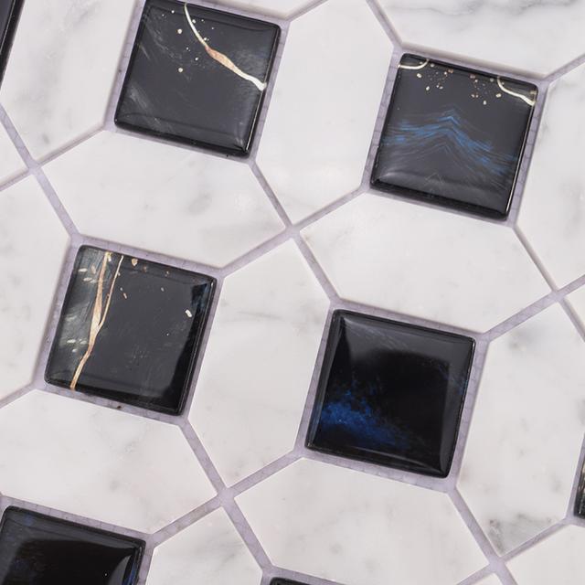 White Marble Black Glass Picket Square Mosaic Tile for Wall — mosaic vuông bằng đá marble đen & trắng