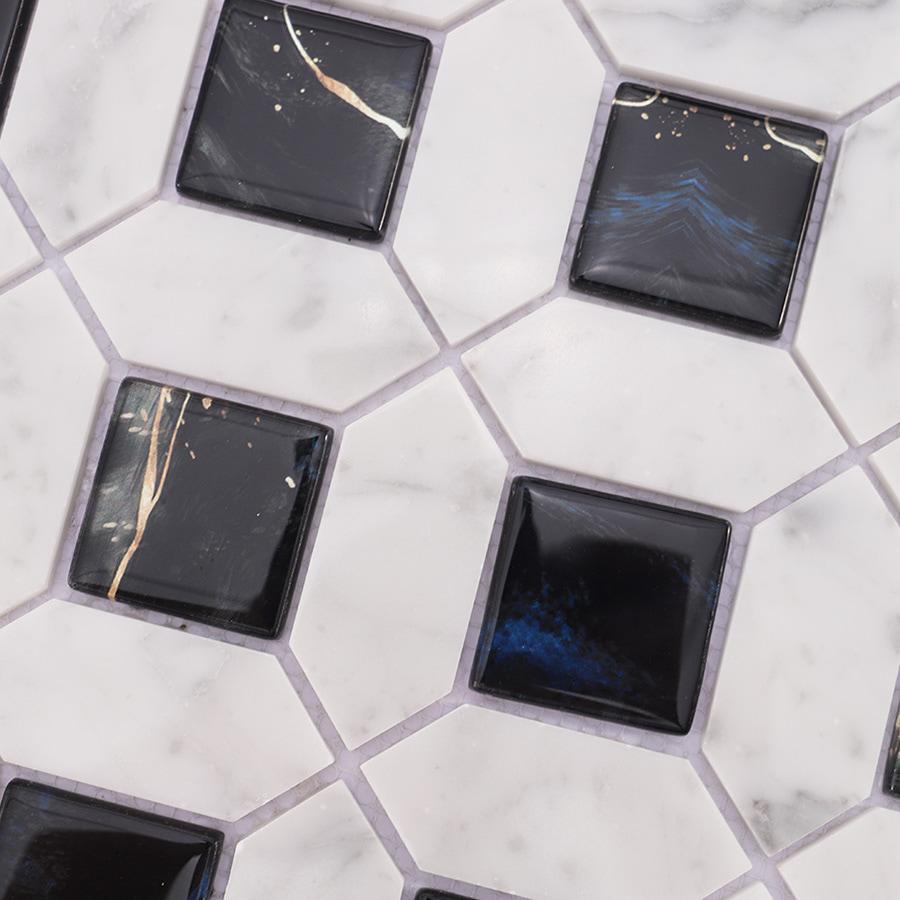 White Marble Black Glass Picket Square Mosaic Tile for Wall — mosaic vuông bằng đá marble đen & trắng
