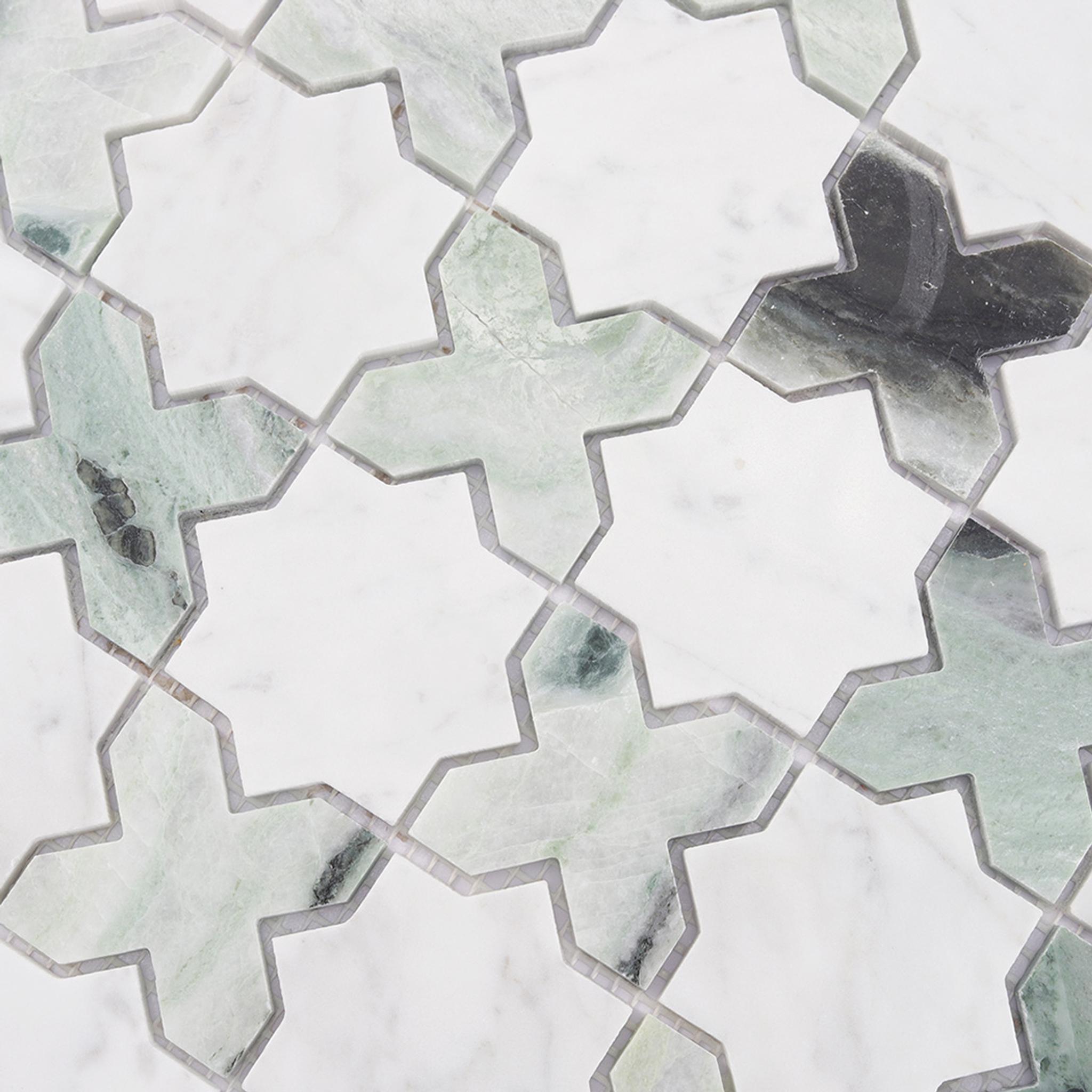 Geometria Marble Star Floor Tile White and Green Mosaic Wall — mosaic ghép nghệ thuật bằng đá marble trắng & xanh lục