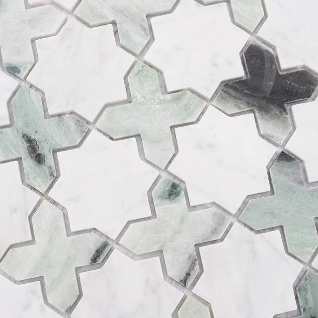 Geometria Marble Star Floor Tile White and Green Mosaic Wall — mosaic ghép nghệ thuật bằng đá marble trắng & xanh lục