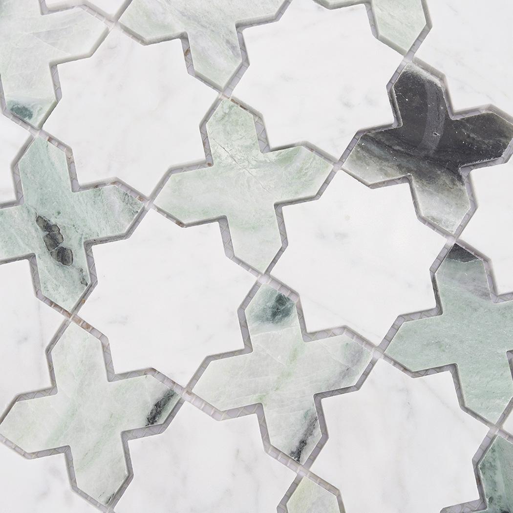 Geometria Marble Star Floor Tile White and Green Mosaic Wall — mosaic ghép nghệ thuật bằng đá marble trắng & xanh lục