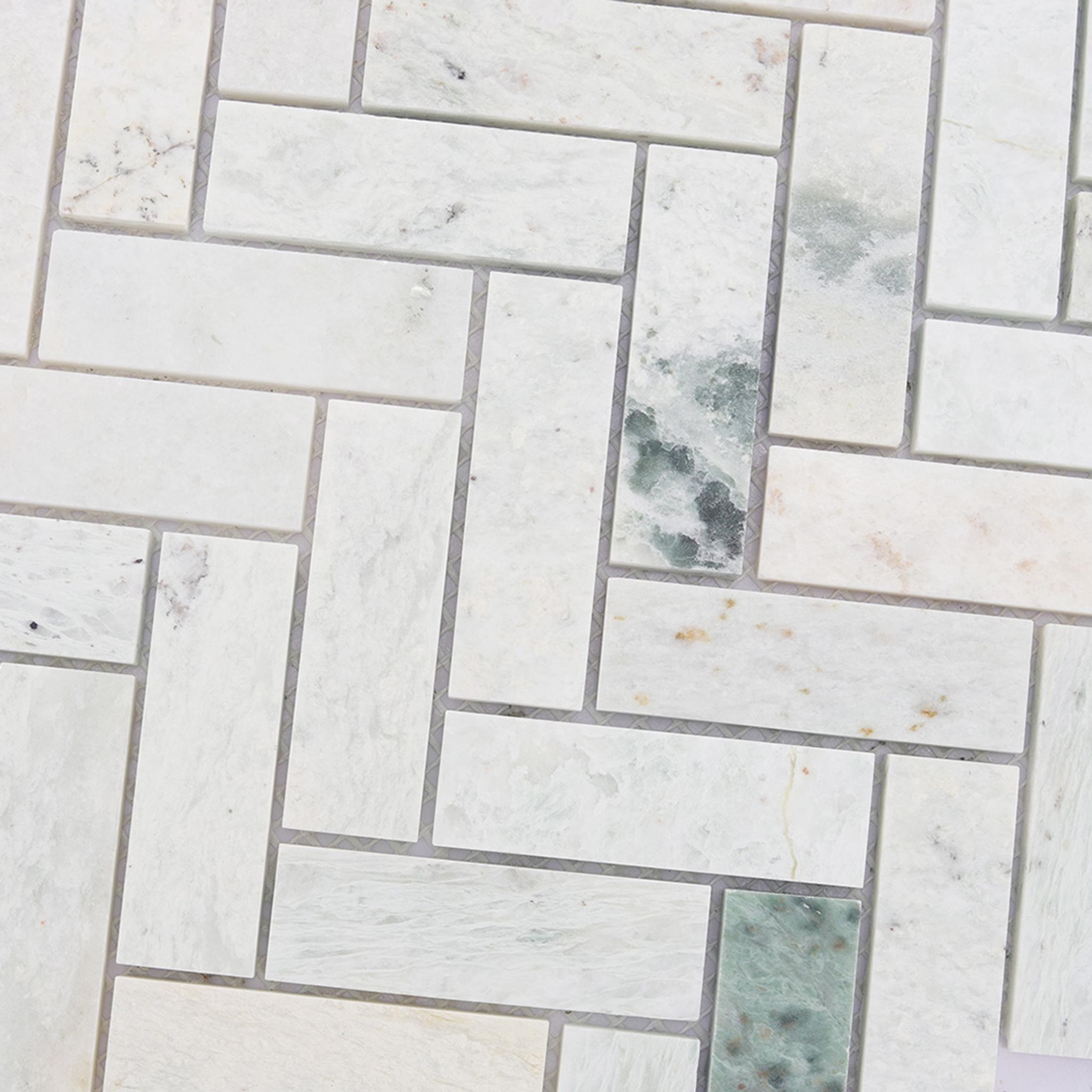 Green Herringbone Marble Floor Tile Wall Mosaic — mosaic xương cá bằng đá marble xanh lục