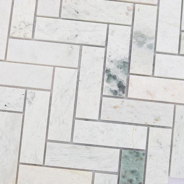 Green Herringbone Marble Floor Tile Wall Mosaic — mosaic xương cá bằng đá marble xanh lục