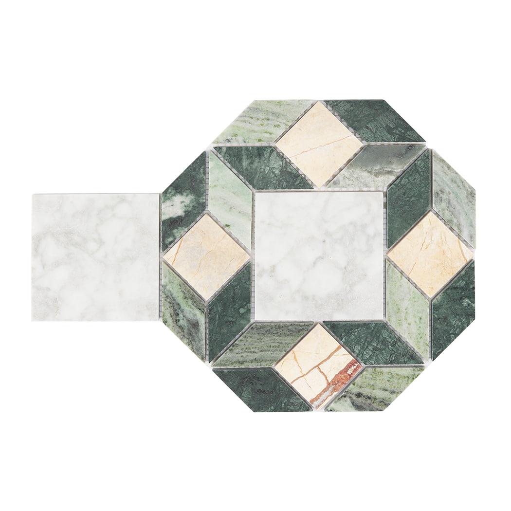 Geometric Octagon Marble Bathroom Tile Mosaic with Green and White — mosaic ghép nghệ thuật bằng đá marble trắng & xanh lục