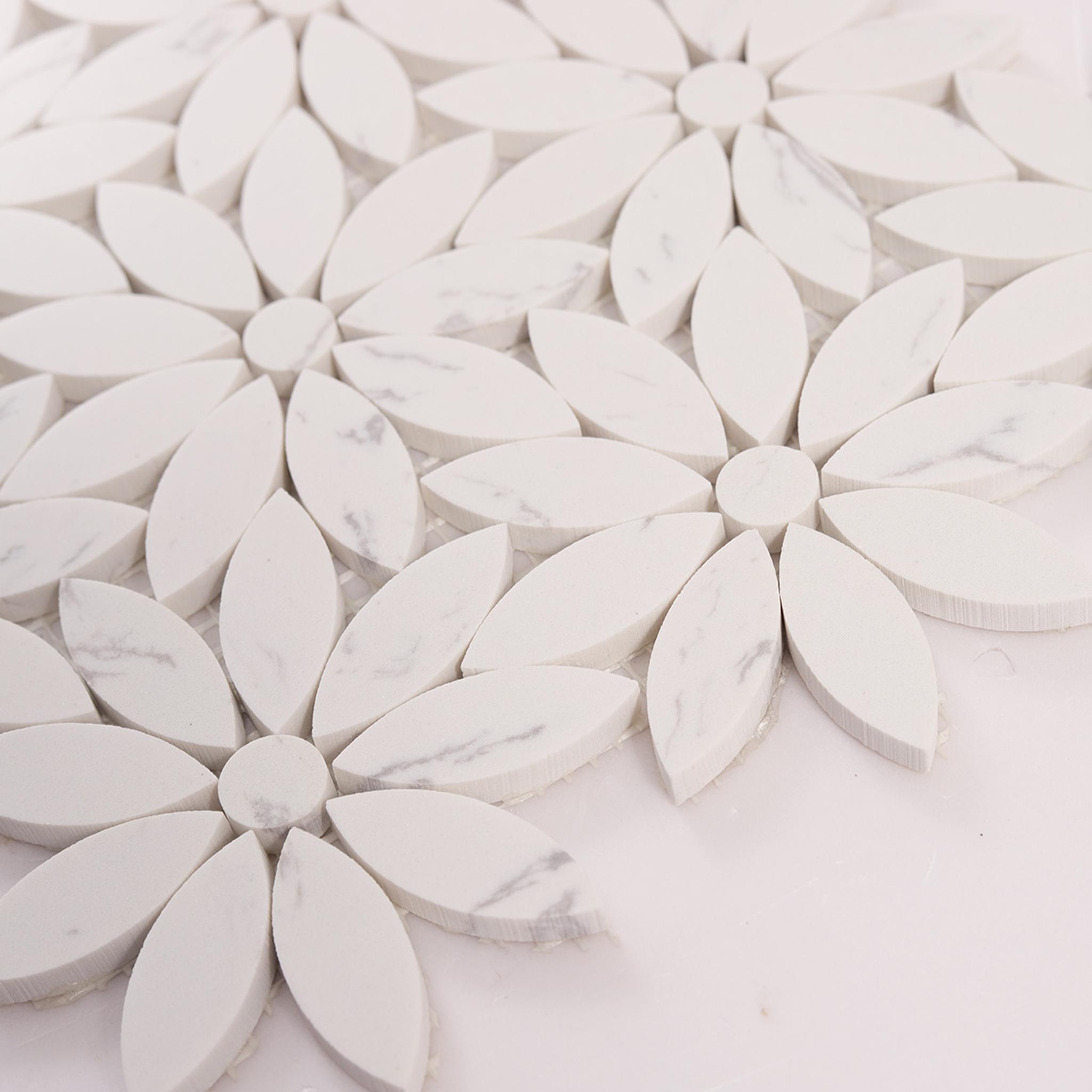White Daisy Waterjet Artificial Marble Mosaic Tiles — mosaic hoa văn waterjet bằng đá marble trắng