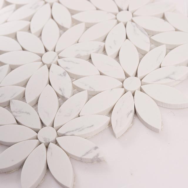 White Daisy Waterjet Artificial Marble Mosaic Tiles — mosaic hoa văn waterjet bằng đá marble trắng