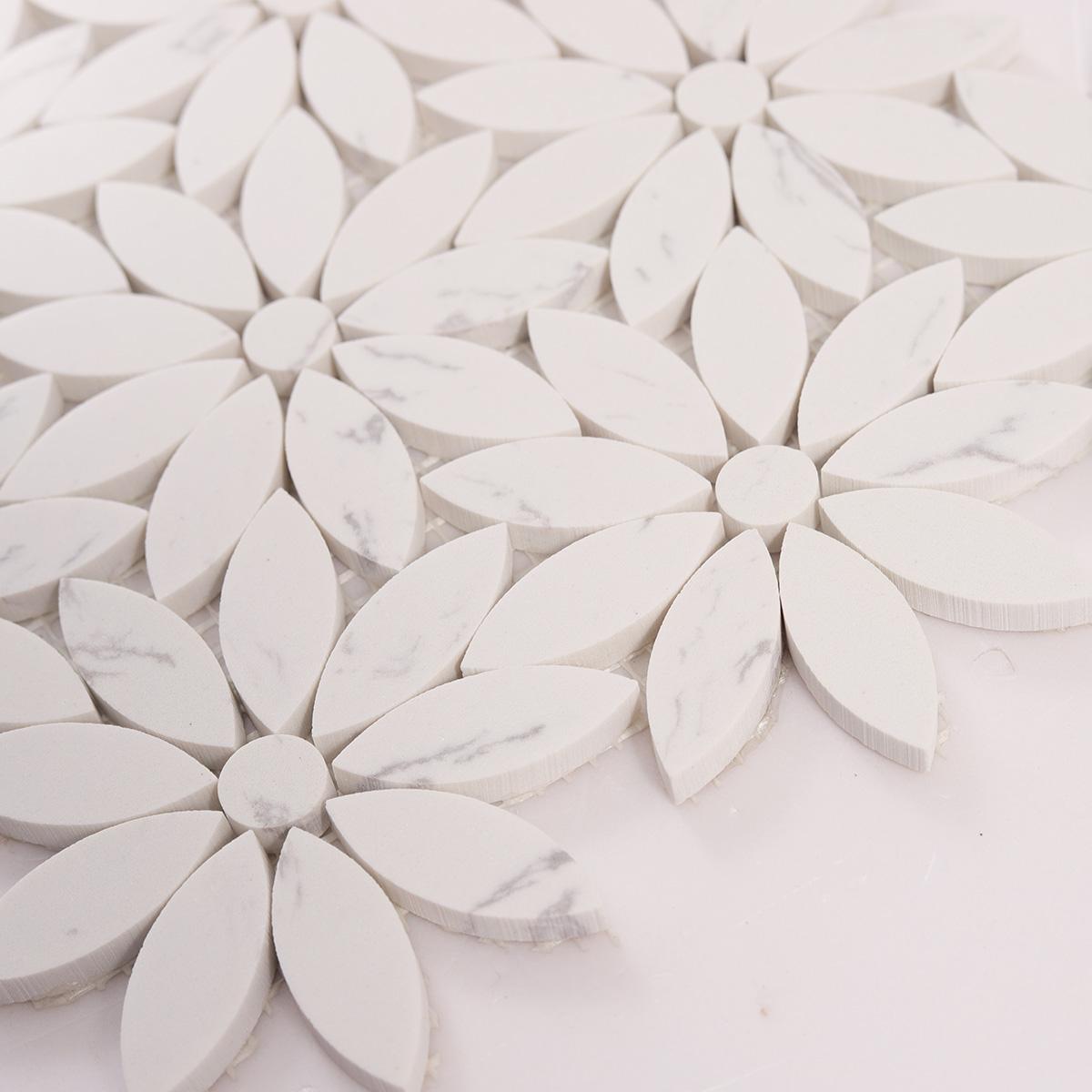 White Daisy Waterjet Artificial Marble Mosaic Tiles — mosaic hoa văn waterjet bằng đá marble trắng