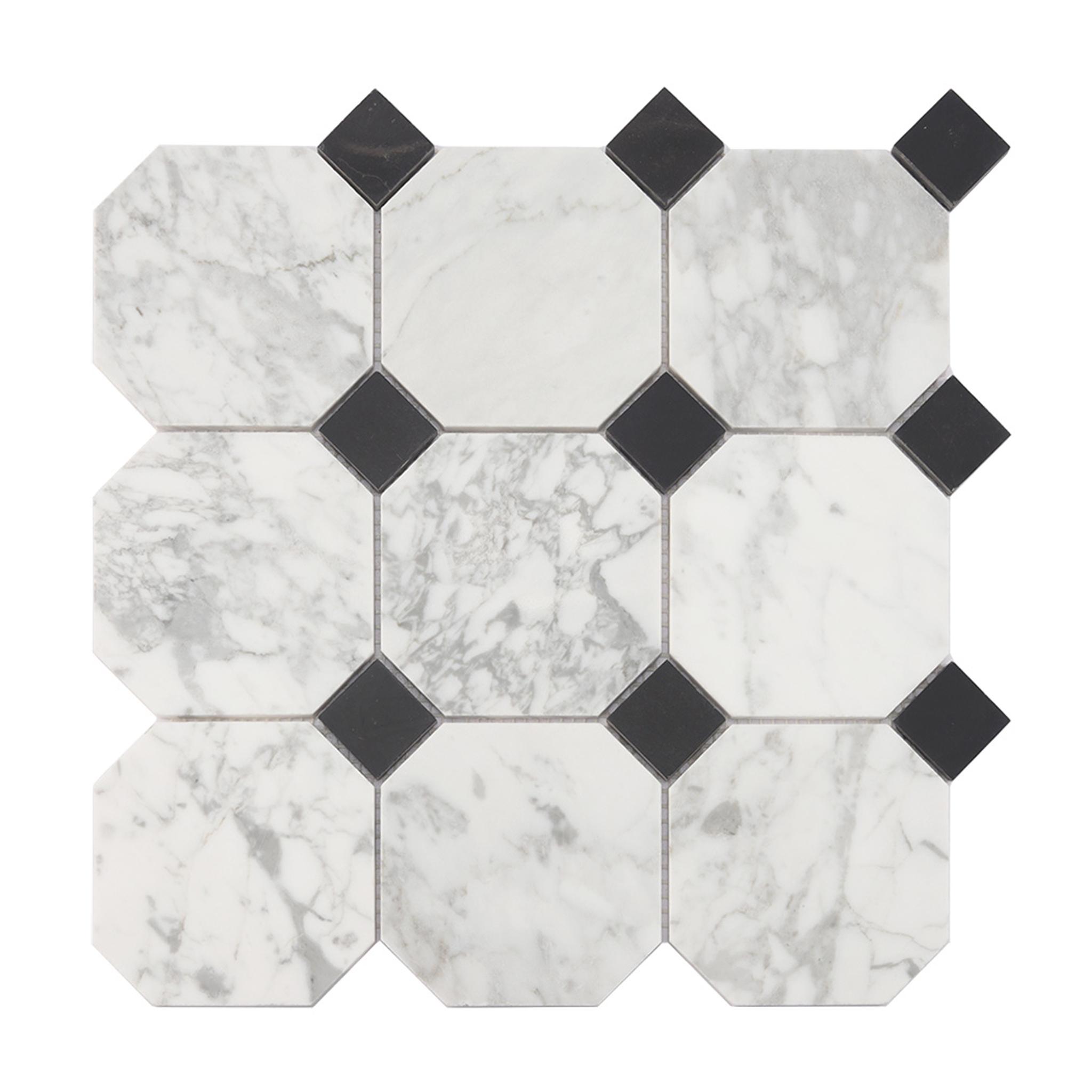 White Octagon Marble Mosaic with Black Square Dot Tile — mosaic vuông bằng đá marble đen & trắng