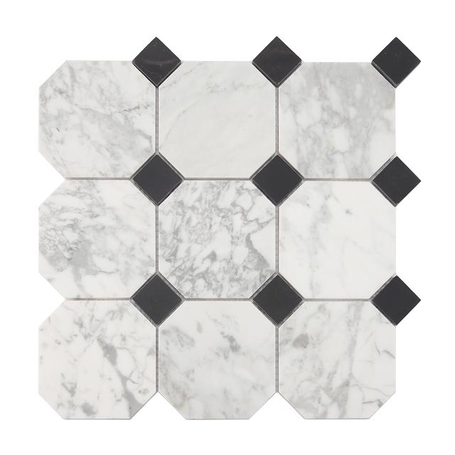 Grey Octagon Carrara Marble Mosaic with Black Square Dot Tile — Rochelle Rochelle Stone