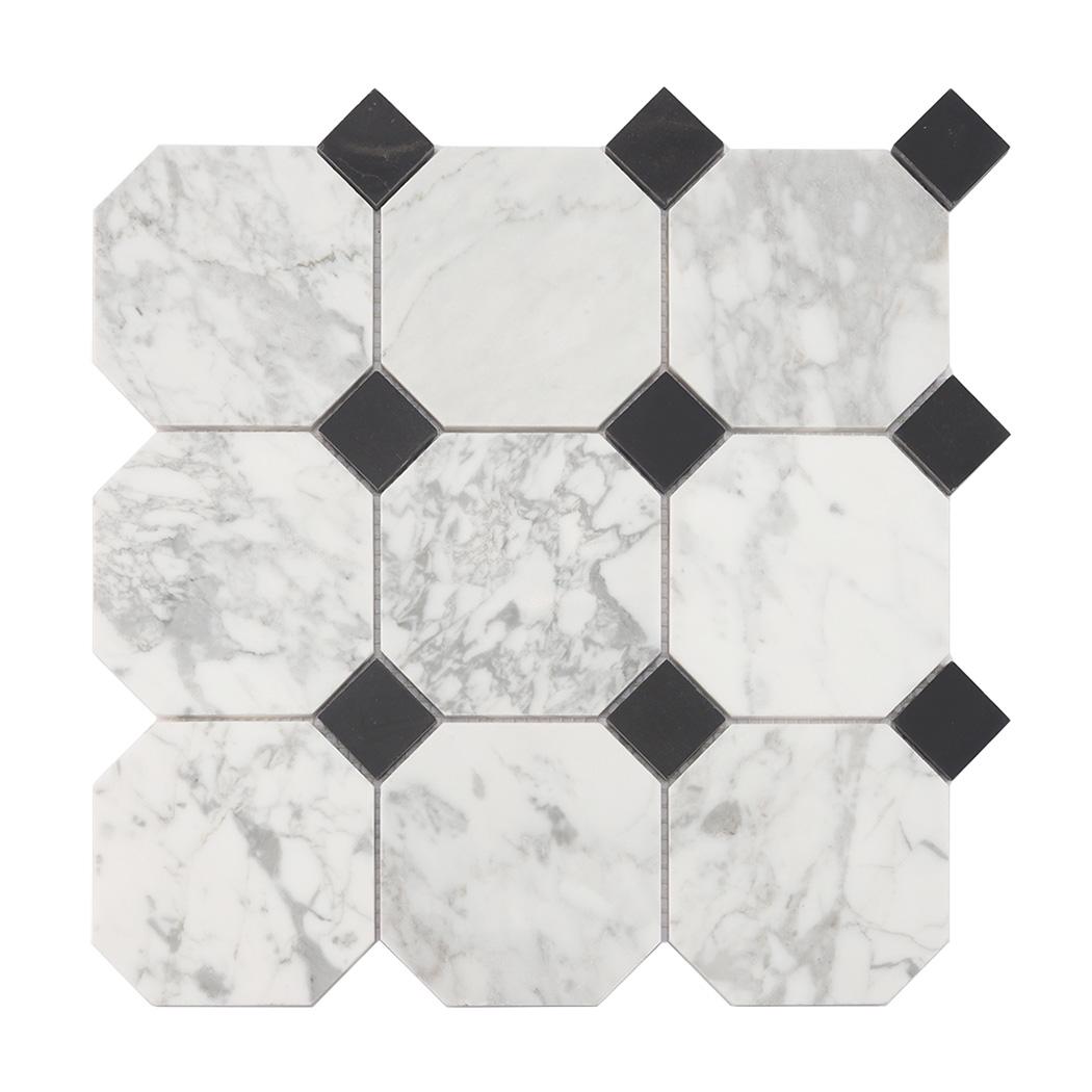White Octagon Marble Mosaic with Black Square Dot Tile — mosaic vuông bằng đá marble đen & trắng
