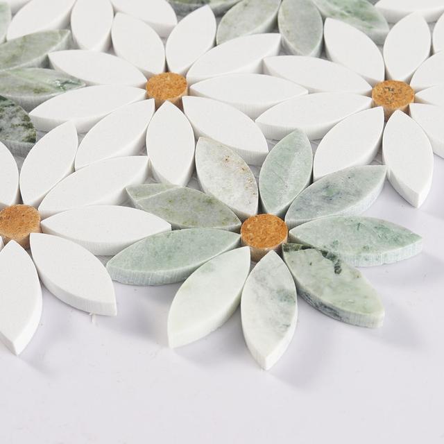 White and Green Daisy Flower Marble Tile Backsplash and Floor Mosaic — mosaic hoa văn waterjet bằng đá marble trắng & xanh lục