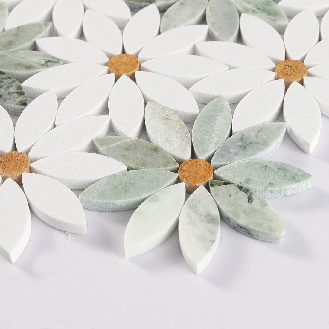 White and Green Daisy Flower Marble Tile Backsplash and Floor Mosaic — mosaic hoa văn waterjet bằng đá marble trắng & xanh lục