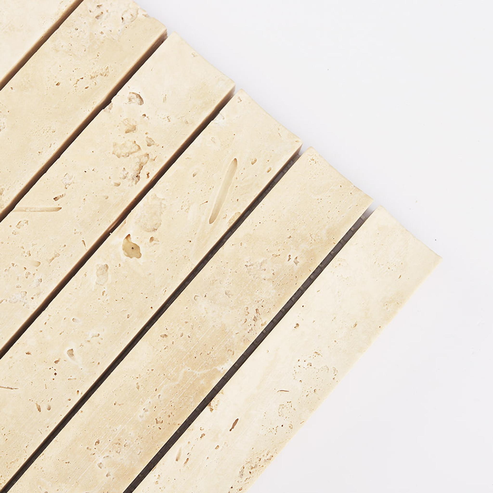 Beige Travertine Fluted Mosaic Wall Tile for Kitchen and Bathroom — mosaic rãnh sọc (fluted) bằng đá travertine beige