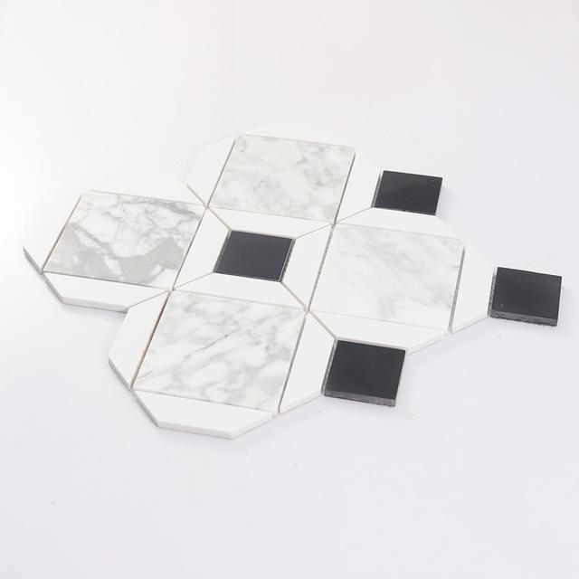 White Marble Geometric Mosaic Tile with Black Square Accents — mosaic vuông bằng đá marble đen & trắng