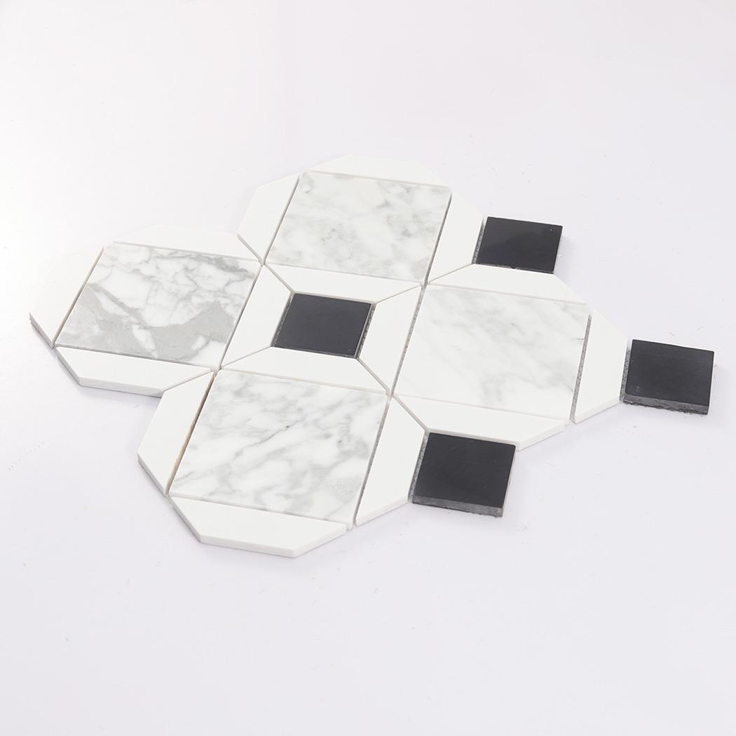 White Marble Geometric Mosaic Tile with Black Square Accents — mosaic vuông bằng đá marble đen & trắng