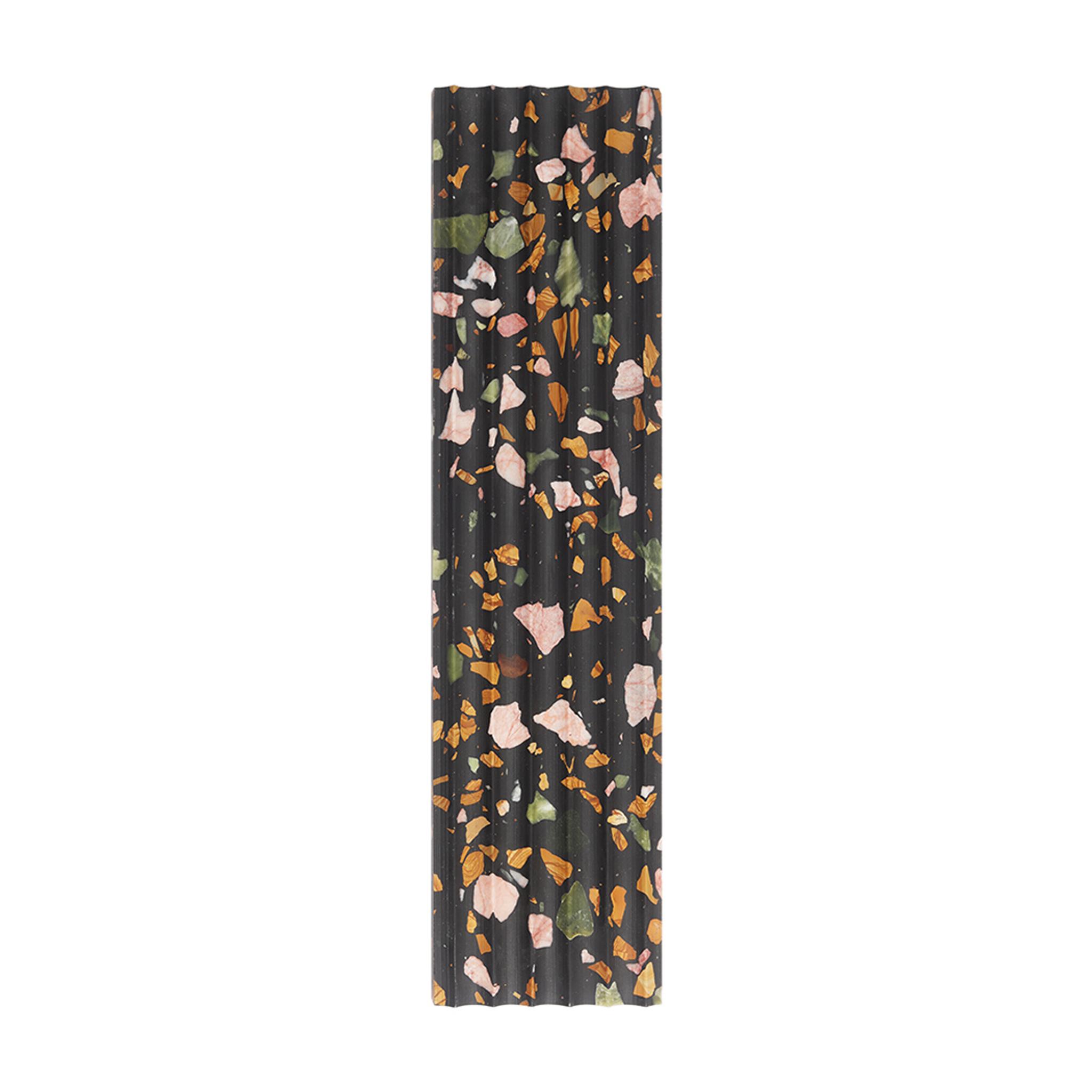 3D Black Terrazzo Fluted Tile with Colorful Stone Fragments — mosaic rãnh sọc (fluted) bằng đá terrazzo đen