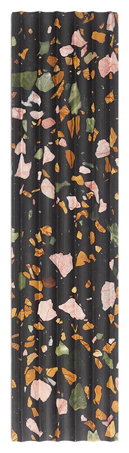 3D Black Terrazzo Fluted Tile with Colorful Stone Fragments — mosaic rãnh sọc (fluted) bằng đá terrazzo đen
