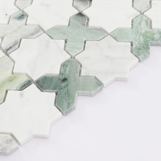 Geometria Marble Star Floor Tile White and Green Mosaic Wall — mosaic ghép nghệ thuật bằng đá marble trắng & xanh lục