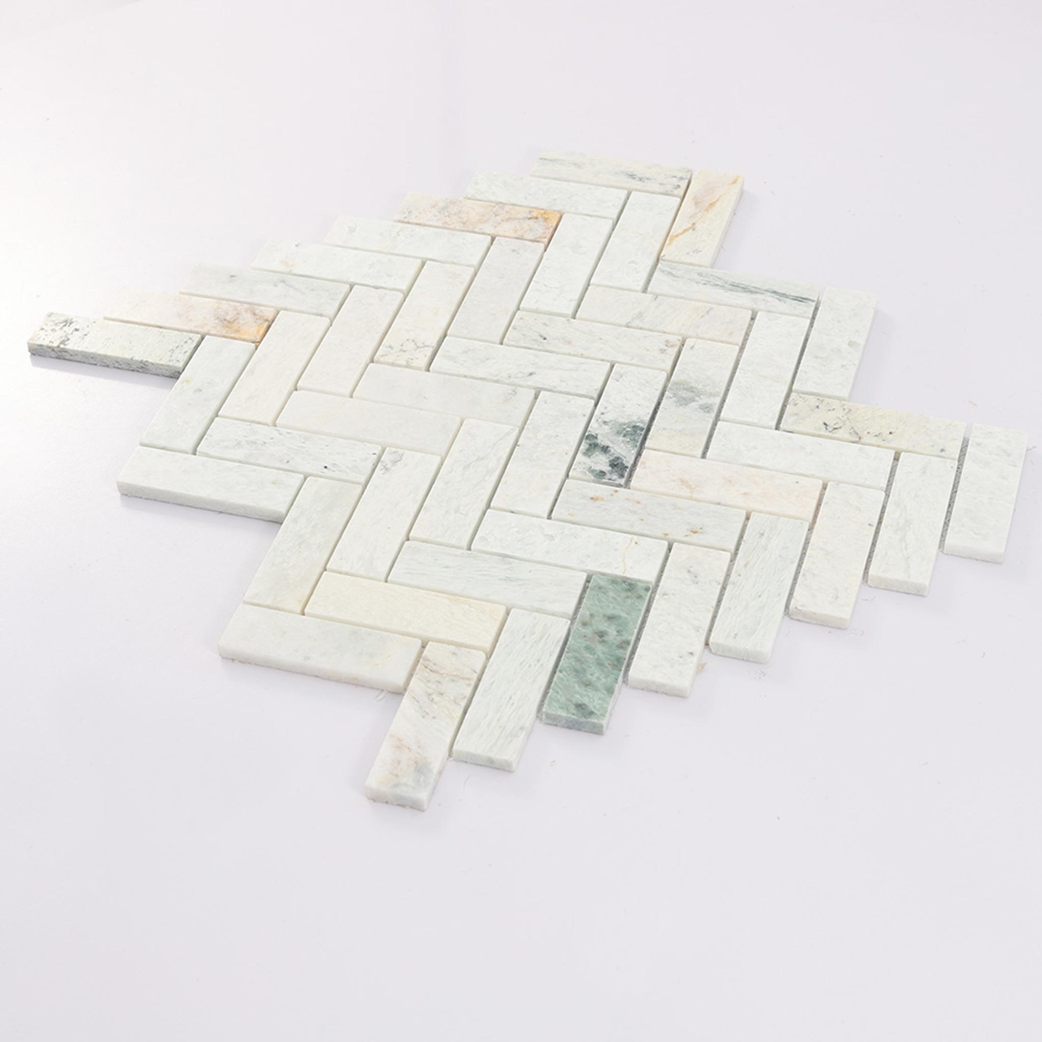Green Herringbone Marble Floor Tile Wall Mosaic — mosaic xương cá bằng đá marble xanh lục