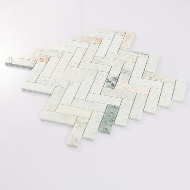 Green Herringbone Marble Floor Tile Wall Mosaic — mosaic xương cá bằng đá marble xanh lục