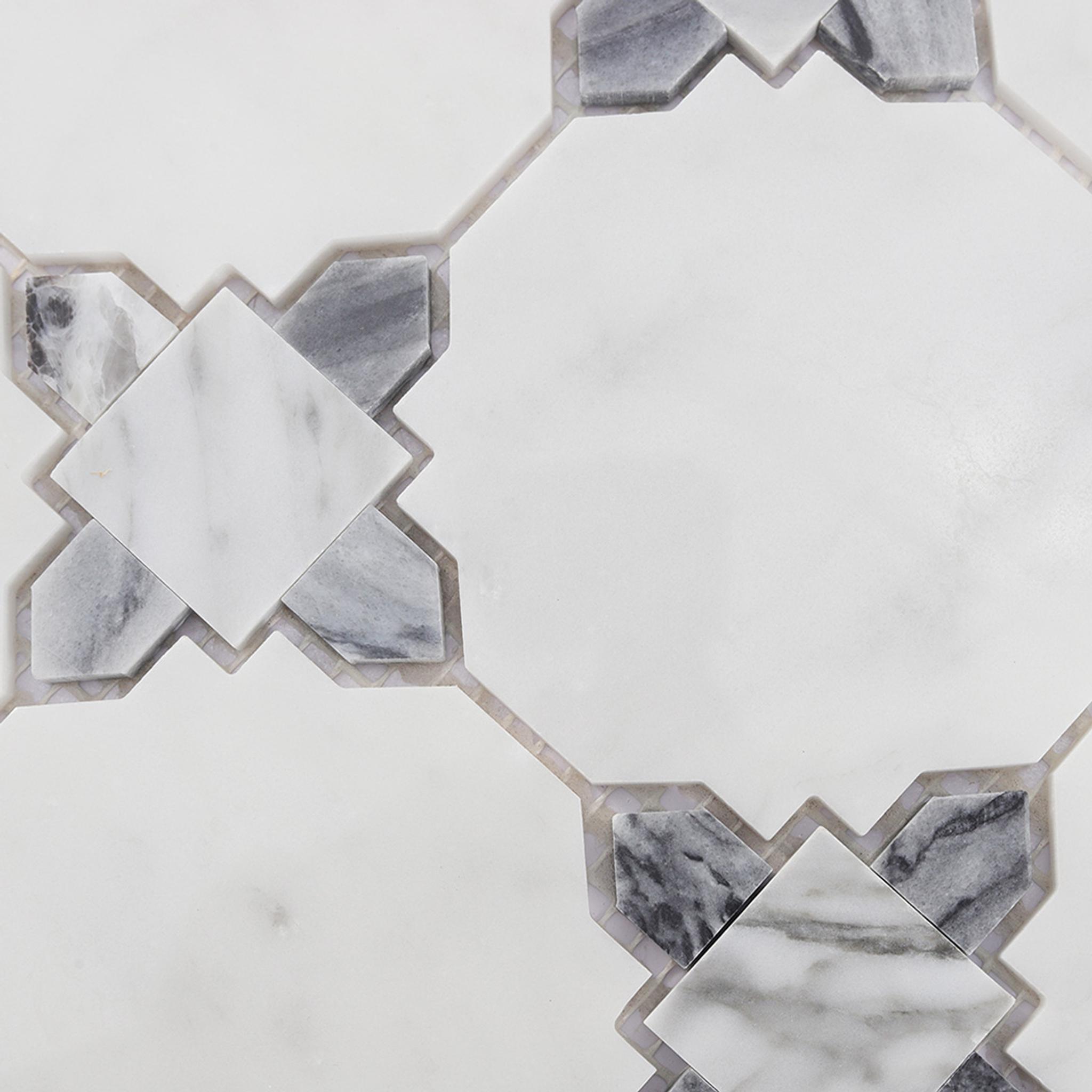 White and Gray Marble Mosaic Tile with Classic Geometric Pattern — mosaic ghép nghệ thuật bằng đá marble trắng & xám