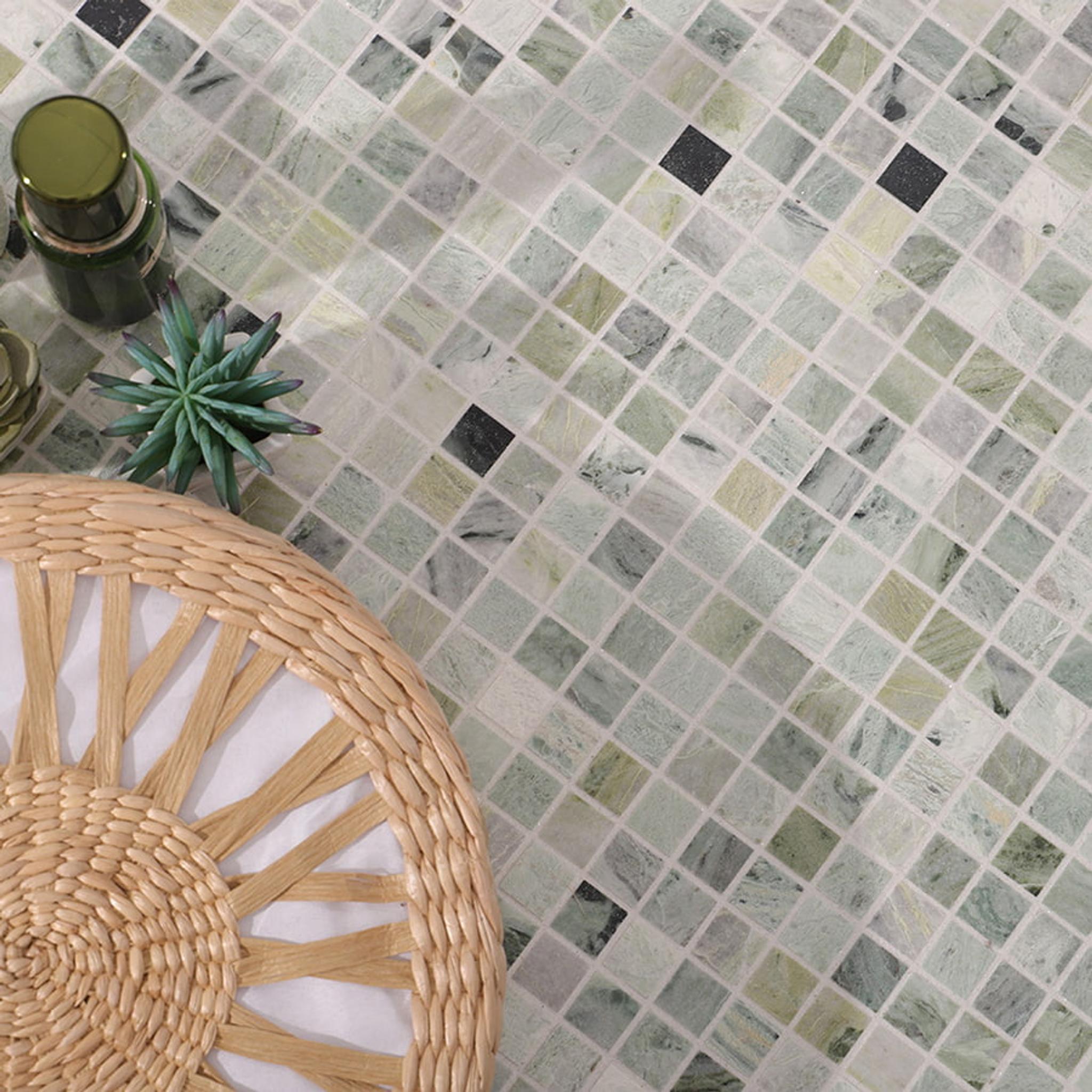 Envy Green Square Marble Mosaic Tiles — mosaic vuông bằng đá marble xanh lục & đỏ