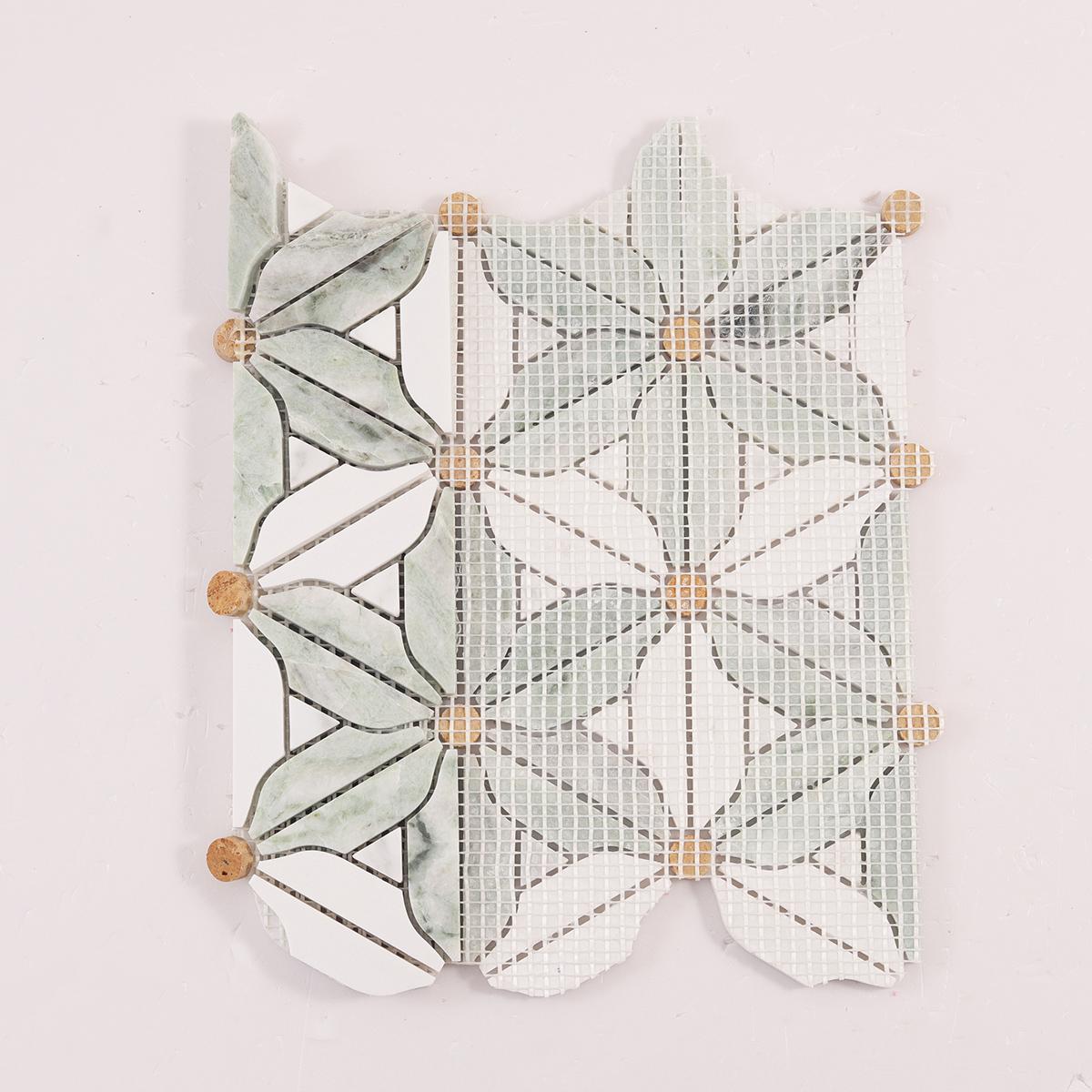 Ming Green and White Flower Marble Mosaic Tiles — mosaic hoa văn waterjet bằng đá marble trắng & xanh lục