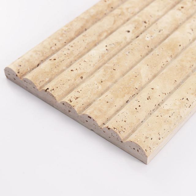 Beige Fluted Travertine Tile: Premium Long Strip Stone Wall — mosaic rãnh sọc (fluted) bằng đá travertine beige